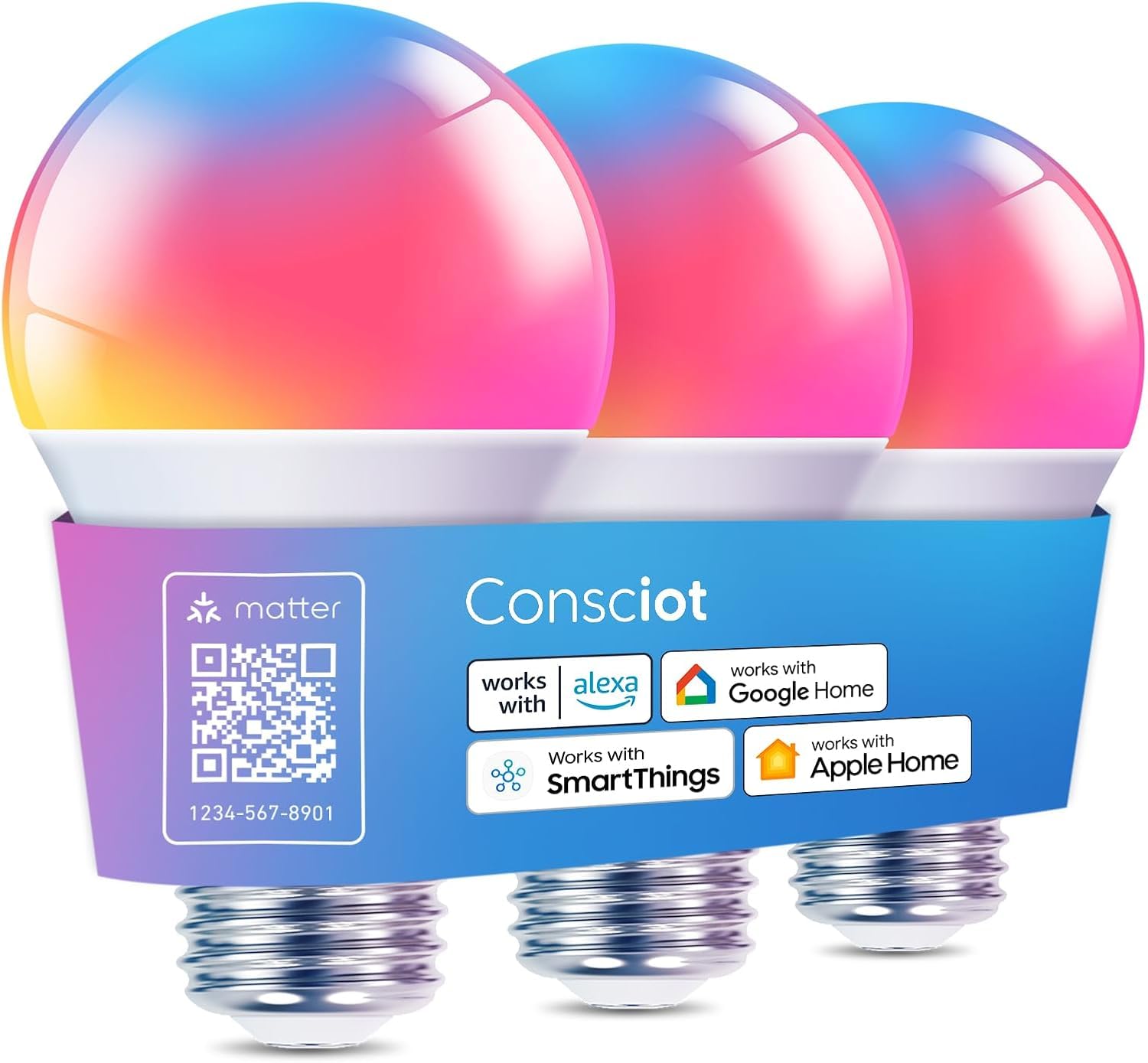 Photo 1 of Consciot Smart Light Bulbs, WiFi Bluetooth Color Changing LED Light Bulb, Music Sync, 60W Equivalent Smart Bulb, A19 E26 RGBTW Light Bulbs That Works with Alexa/Google Home/Apple Home/Siri, 3 Pack