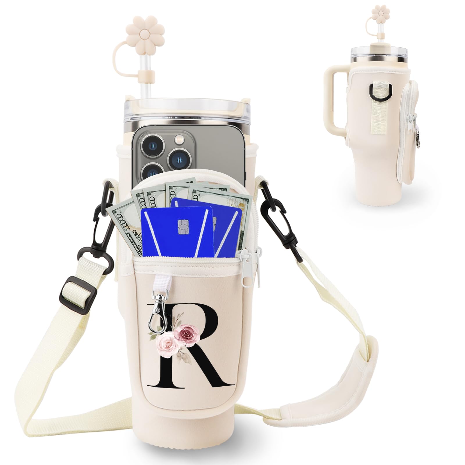 Initial Personalized Water Bottle Bag for Stanley 40oz Tumbler,with Phone Pocket,Neoprene Water Bottle Carrier with Adjustable Strap and Straw Cover & Carabiner,for Stanley Cup Accessories (R) — image 1