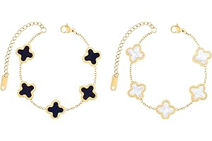 Osildde 18K Gold Plated Lucky Flower Black & White Bracelets | Adjustable Lucky Flower Link Jewelry | Fashion Jewelry Gifts for Women Teen Girls