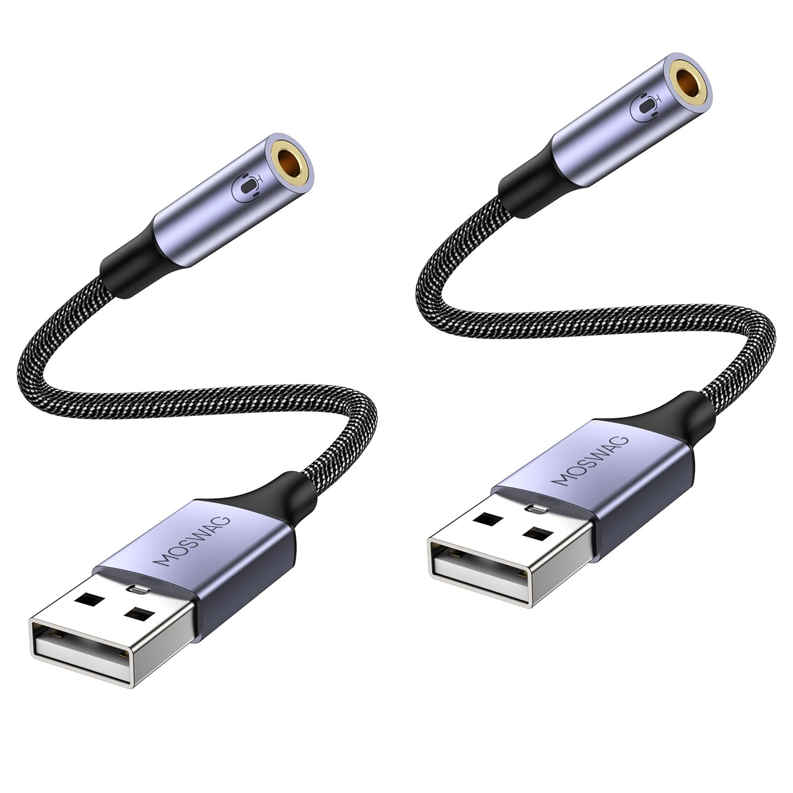MOSWAG USB to Audio Jack Adapter (2 Pack),External Sound Card Jack Audio Adapter with 3.5mm Aux Stereo Converter Compatible with Headset,PC,Laptop,Linux,Desktops,PS4 and More Device
