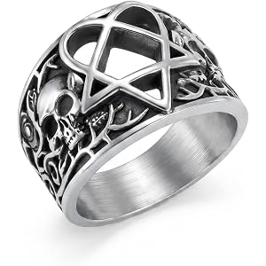ELFASIO Skull Rings for Men Women Band Gothic Punk Stainless Steel Ring Silver Vintage Goth Rose Skeleton Cocktail Party Bike