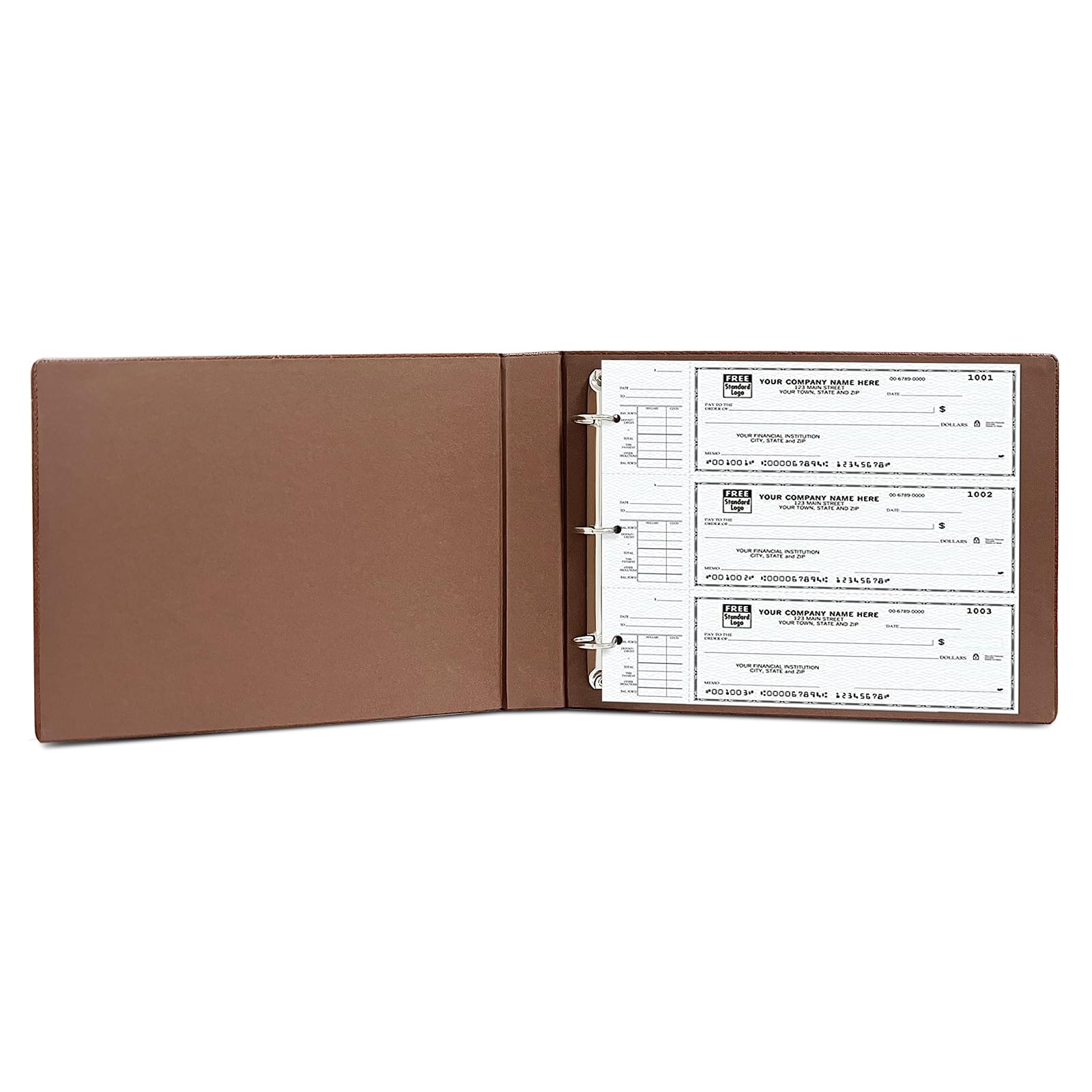 Photo 1 of 3 Rings Check Binder for End-Stub Deskbook Checks, 3 on a Page, Fit 3 & 9 Holes Check Faux Leather (11 1/4" x 9") (Brown)