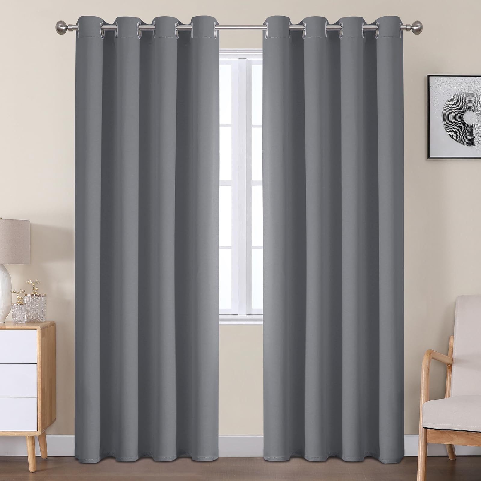 VEHEDE Grey Blakcout Curtains & Drapes for Living Room, Eyelet Thermal Insulated Curtains for Bedroom 90 Drop Pair, W55 x L90 Inch, Grey, 2 Panels