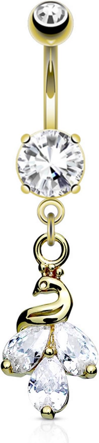 Peacock and Clear CZ Cluster Dangle Belly Button Navel Ring - 14G 3/8" (Gold-Tone Steel)