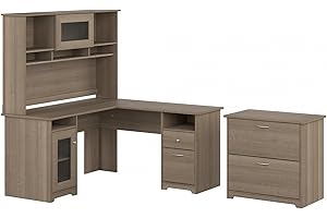 BUSH BUSINESS FURNITURE Bush Furniture Cabot 60W L Shaped Computer Desk with Hutch and Lateral File Cabinet in Ash Gray
