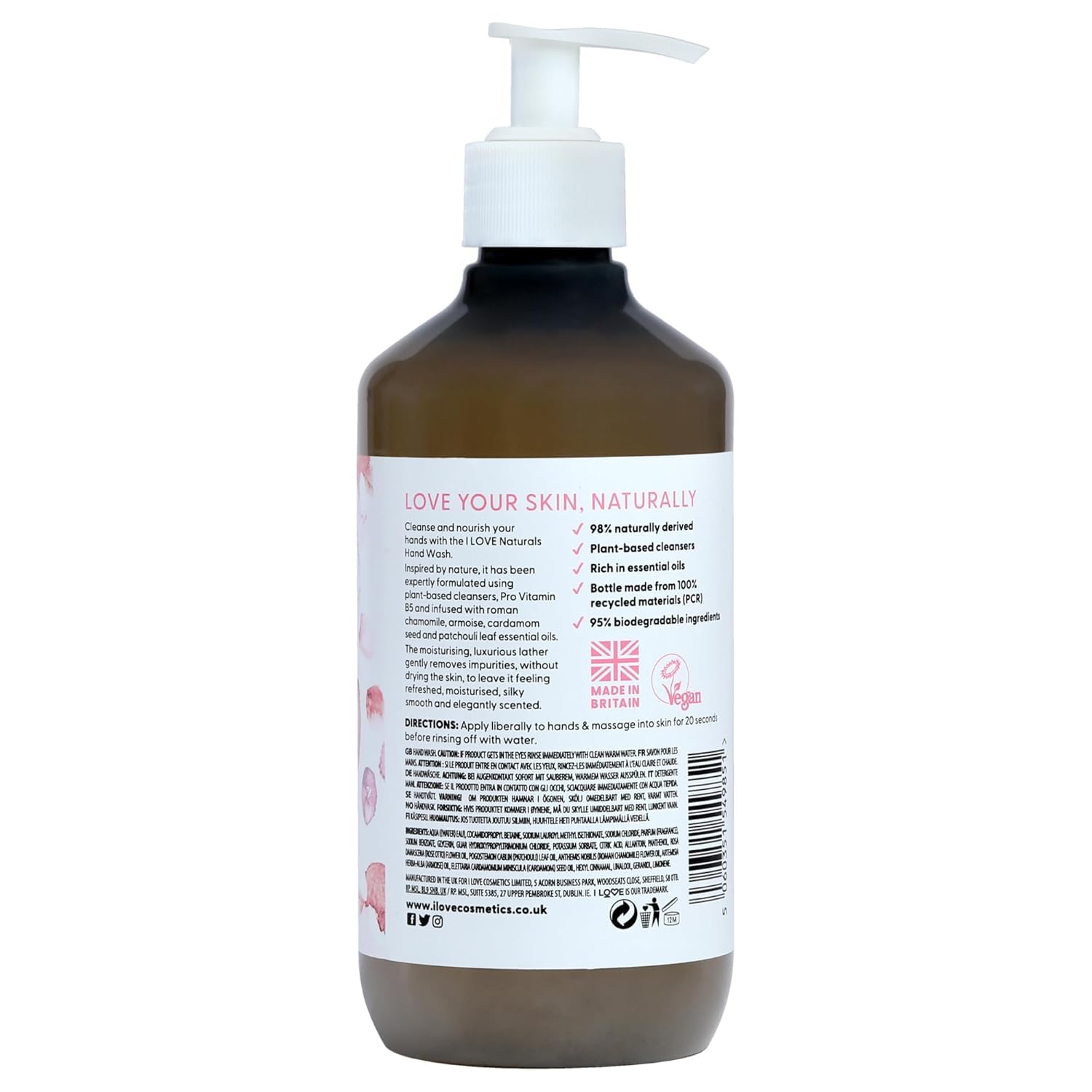 I Love Naturals Rose & Argan Hand Wash – With Natural Oils of Rose & Patchouli – Gently Cleanses & Refreshes – Nourishing Vegan Hand Soap – Floral Scented, Cruelty-Free Daily Hand Care 500ml
