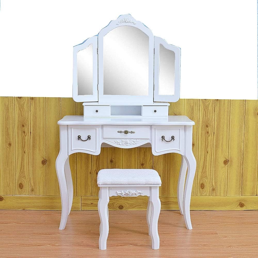 Amazoncom Prettyshop4246 Vintage Vanity Classic Wooden Dressing Table Set With Stool Drawerfolding Mirror Storage Cases Home Hotel Office Quick Easy Installed White Color Size 3543 X 1575 X 57 Inch Kitchen Dining