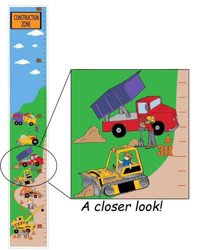 Construction Zone Growth Chart Wall Art Decor Vinyl Removable Adhesive Construction Trucks and Tractors Decals Stickers