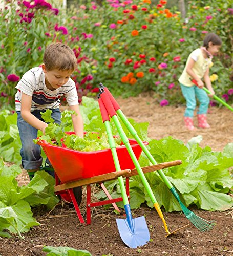 Kid's Garden Wheelbarrow - Yard Tools for Children - Red with Wood Handles, Steel Braces, Solid Tire - 33 L x 17 W x 15.75 H