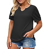 VISILILY Plus-Size-Womens-Summer-Tops 2025 Trendy Notch V Neck T Shirts Cute Lace Short Sleeve Tunics Casual Blouses XL-5XL