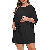 Lastshe Womens Plus Size Pajama Set 2 Piece Soft Short Sleeve with Pockets Summer Shorts Sleepwear Knit Pjs Lounge Set
