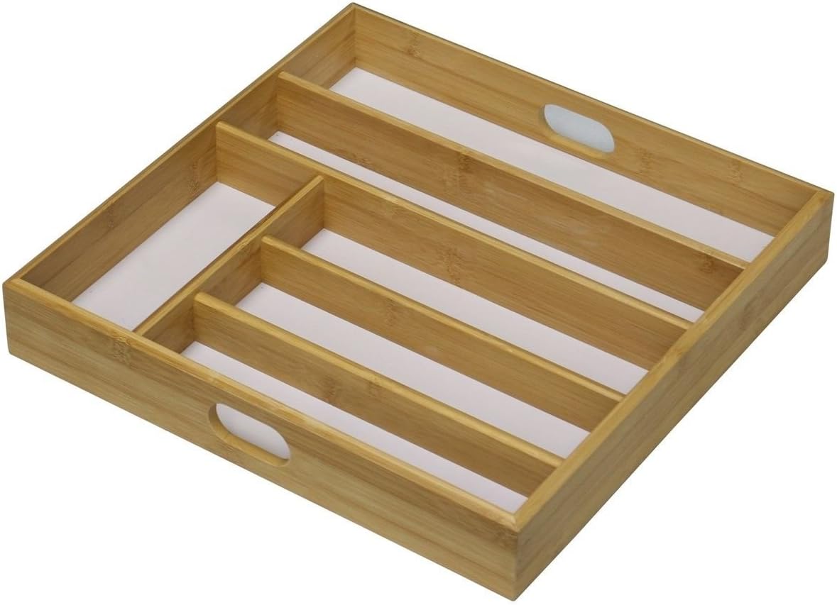 Wooden Cutlery Tray Drawer Organiser Rack 6 Section White Base 38 x 38 cm