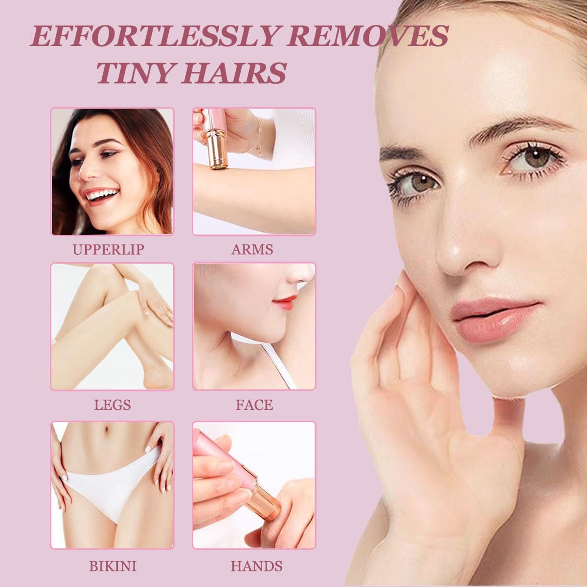 Women Facial Hair Removal Device, Electric Face Shaver, Portable Face Razor, Rechargeable Painless Hair Remover with 3 Replacement Heads for Face, Upper Lip Chin (Rose Gold)