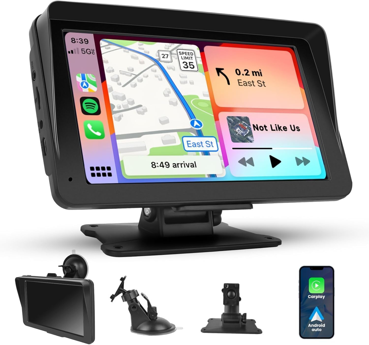 Podofo Wireless Carplay Screen, 7" Portable Car Stereo & Car Radio with Apple CarPlay, Android Auto, HD Touchscreen, Bluetooth, Mirrorlink, Voice Control, FM Transmission, GPS, TF Card, AUX