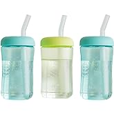 The First Years Squeeze & Sip Toddler Straw Cups - Squeezable Transition Sippy Cup with Silicone Straw - Toddler Feeding Supplies - 7 Oz - 3 Count - Ages 6 Months and Up