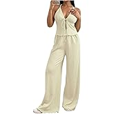 SOLY HUX Women's Sexy 2 Piece Outfits Sleeveless Halter Top and Wide Leg Pants Set