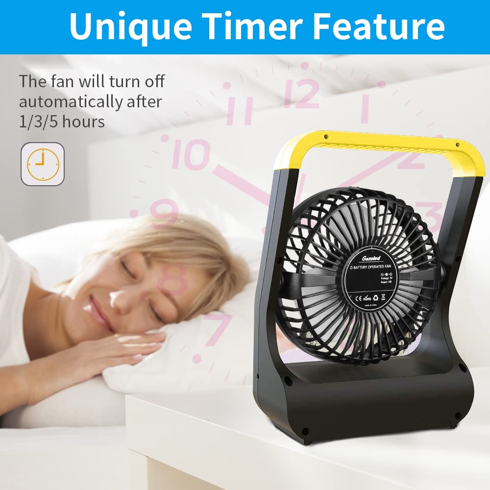 Gazeled F15 Battery Powered Fan, Long Lasting Battery Operated Fans for Camping, Portable D-Cell Desk Fan with Timer, 3 Speeds, Whisper Quiet, 180° Rotation, for Office, Bedroom, Outdoor, 5''