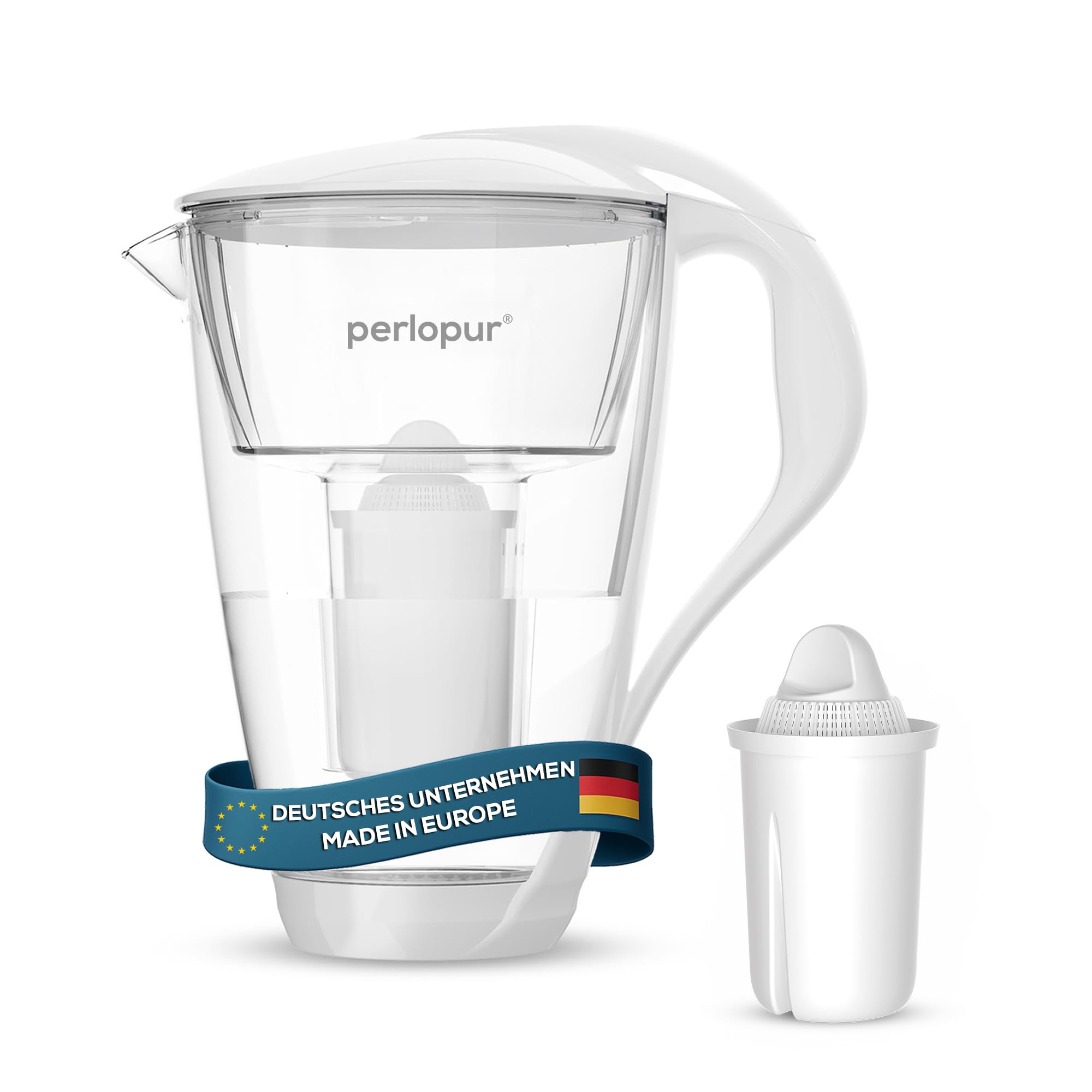 PearlCo Glass Water Filter (white) inkl. 1 Universal classic Filter Cartridges (compatible with Brita Classic)