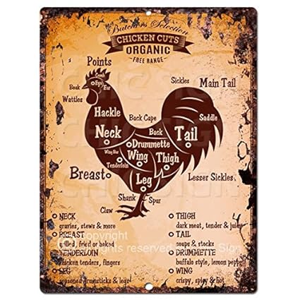 Chic Sign Chicken Meat Cuts Guide Chart Retro Rustic Vintage Kitchen Wall Decor 9x12 Metal Plate Home Store Decor Plaques