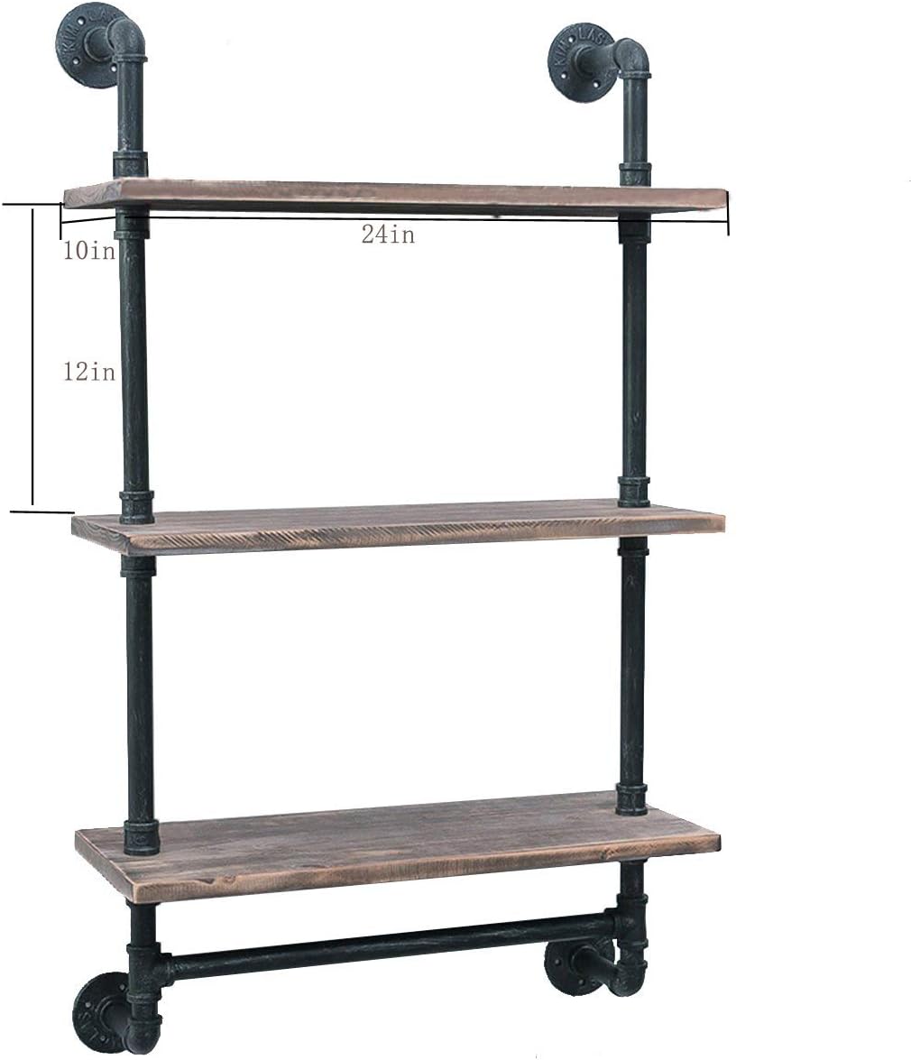 Industrial Pipe Shelf, Rustic Wall Shelf with Towel Bar, 24" Towel Racks for Bathroom, 3-Layer Pipe Shelves Wood Shelf Shelving (3-Layer) - - 