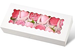 Ocmoiy 12.5 x 5.5 x 2.5 Inch Bakery Boxes, 20 Pack Auto-Popup Cookie Boxes with Window, White Treat Box for Chocolate Covered Strawberries, Cocoa Bombs, Donuts, Muffins, Pastries
