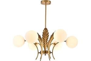 BOKT Mid Century Milk Glass Chandelier Gold G9 Ceiling Chandelier Light Industrial Metal Adjustable Pendant Lighting Farmhouse Large Globe Flush Mount Light Fixture for Dining Room Kitchen Indoor