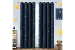 PrinceDeco Blackout Kids Curtains for Bedroom Thermal Insulated Bronze Twinkle Star Curtains for Boys Antique Grommet Top Window Treatment 2 Panels Drape for Nursery (52" W x 84" L, Navy/Bronze)