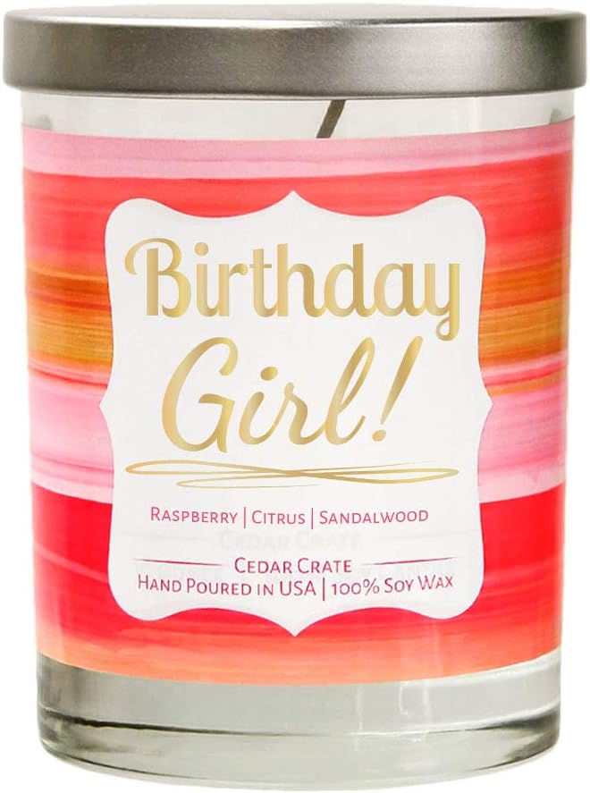 "Birthday Girl!" | Citrus, Raspberry, Sandalwood | Luxury Scented Soy Candles | 10 Oz. Clear Jar Candle | Made in the USA | Decorative Aromatherapy | Birthday Gifts for Mom, Wife. Unique Gifts