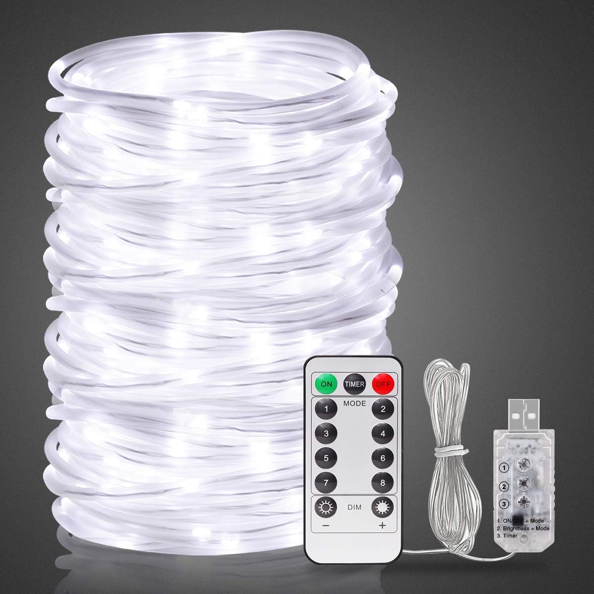 Onforu 20m LED Rope Lights, Dimmable 8 Modes String Lights, 200 LEDs