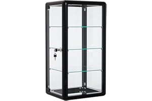 Homtique Display Case, 4 Tier Tempered Glass Counter Top Display Showcase, Black Aluminum Frame Display Cabinet with Sliding Glass Door and Lock, 12" W x 14" D x 27" H