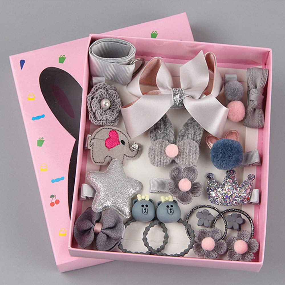 18 Pcs Children Hair Clips Set,Little Girl Hair Accessories,Elastic Hair Ties Gift Set,Hair Clips Hairpins Bows Ties Barrettes Head Ornaments Set,Party Christmas Birthday Children's Day (Grey)