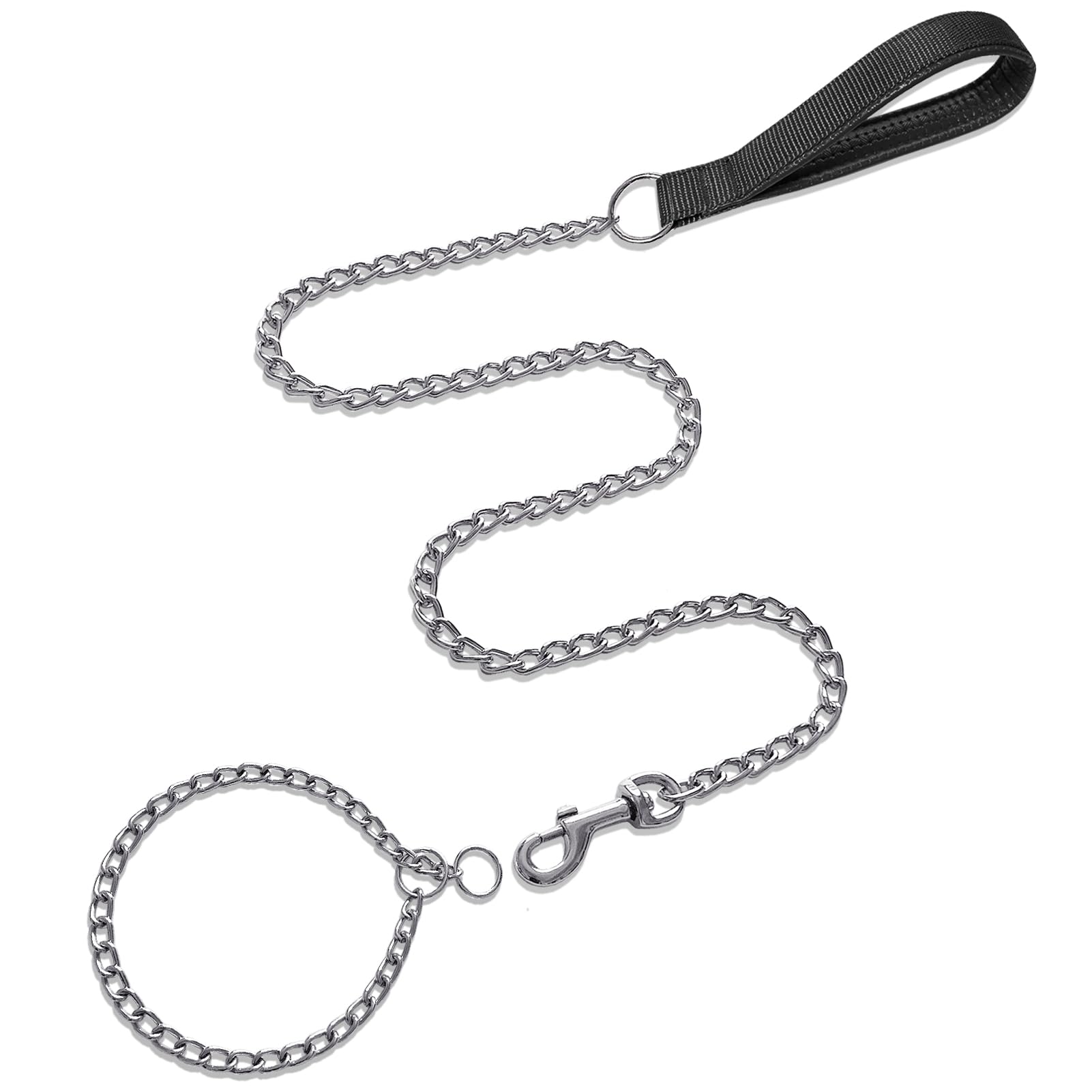 LOS ANDES Metal Dog Lead with Slip Collar, 4FT/1.2M Chew Proof Heavy Duty Chain Leash with Comfortable Soft Padded Handle for Medium Large Dogs, Black
