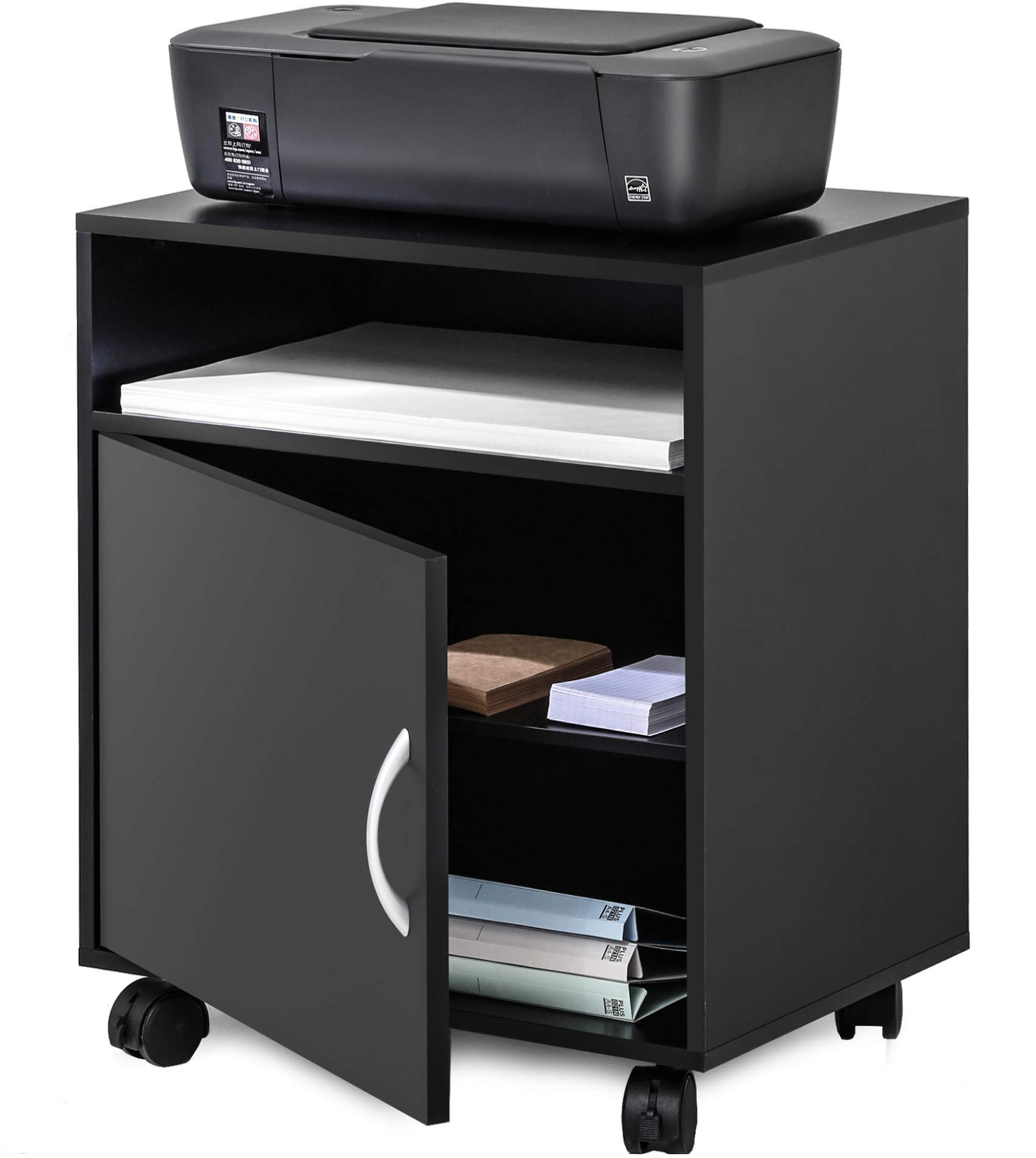 FITUEYES Printer Stand Wood Black Desk Side Mobile 1 Open 2 Closed Storage with Wheels 48x34x56.8cm PS404801WB