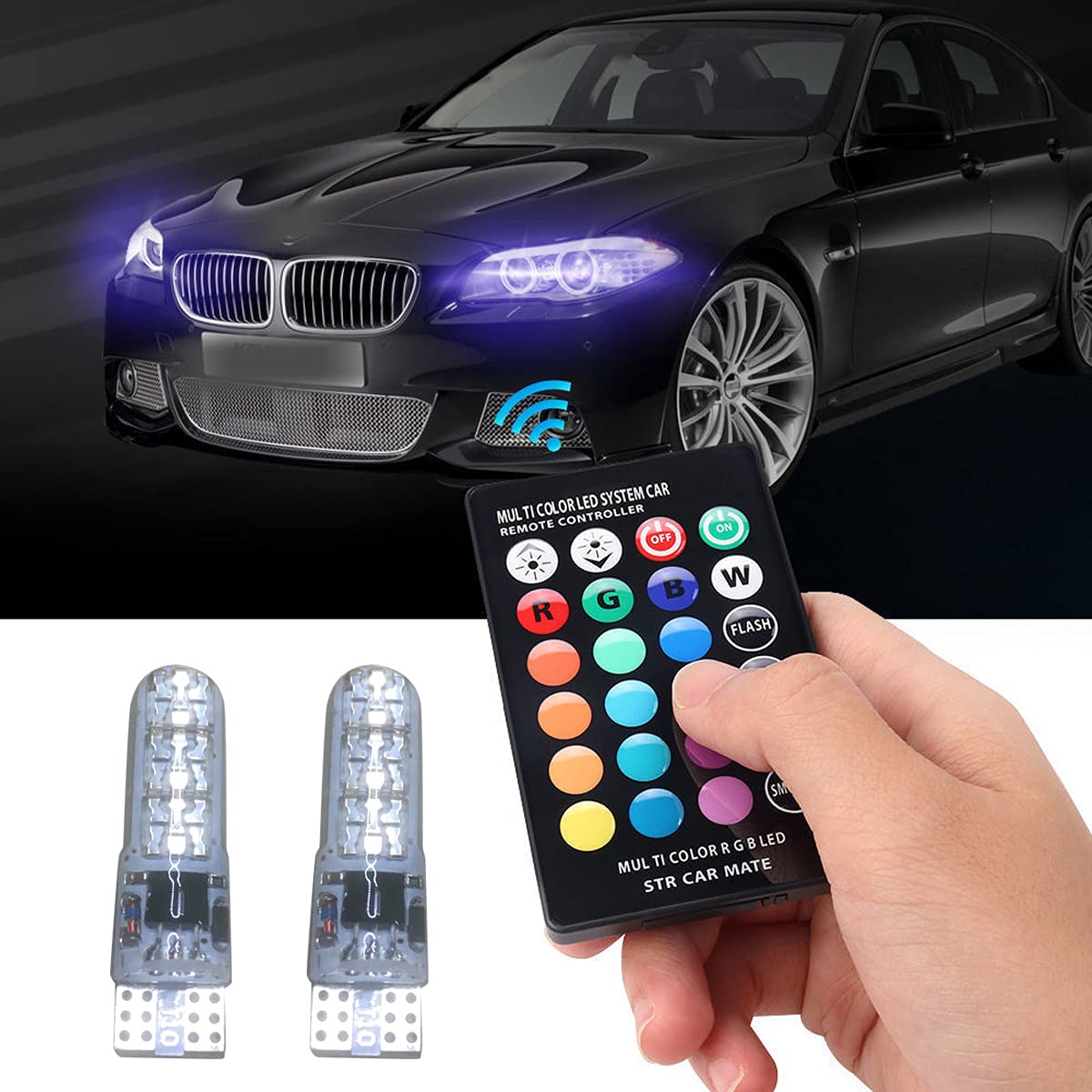 Yudanny 2X LED T10 Remote Control 501 RGB Colour Changing Car Wedge Side Light Bulbs