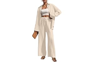 Lepunuo 2 Piece Outfits for Women Casual Lounge Sets Long Sleeve Button Down Shirts and Wide Leg Pants Sets Tracksuit