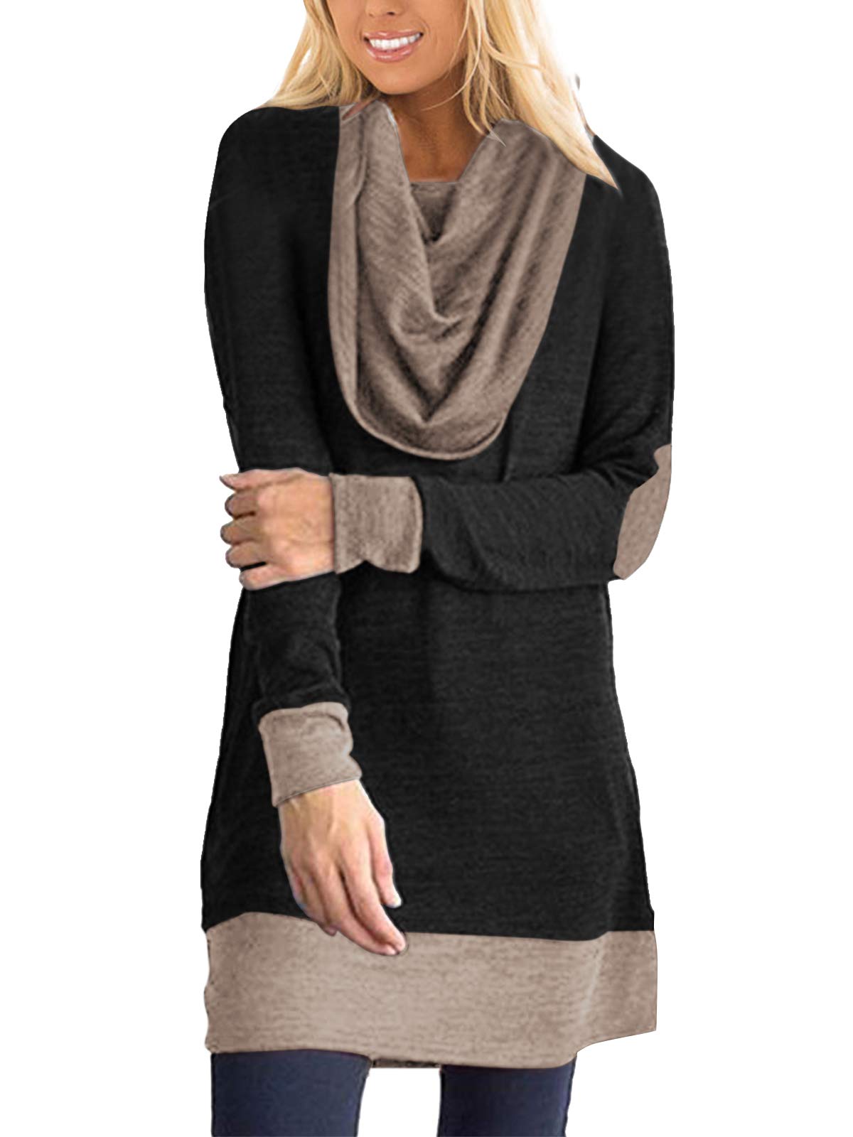 Womens Jumper Loose Cowl Neck Tunics Patchwork Sleeve Blouse Longline Tops