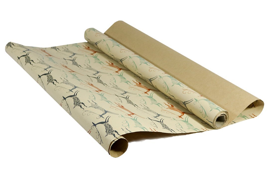 Printed Kraft Christmas Wrapping Paper (Elegant Snow Birds-Deer-Ice Flowers on Brown Kraft) 30\