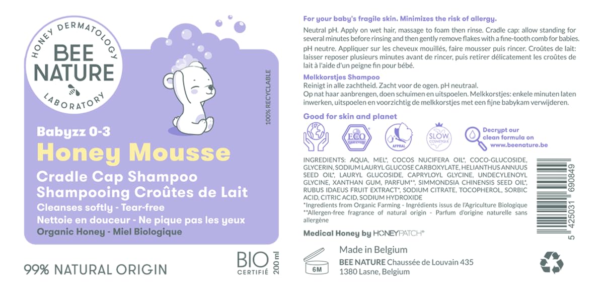 Bee Nature - Baby Shampoo Bio - Milchschorf Behandlung - Tränenfrei - 99.3% Natürlich - Honig Mousse - Geeignet für Neugeborene, Kinder, Erwachsene mit Trockener, Empfindlicher, Ekzem Kopfhaut - 200ml 7