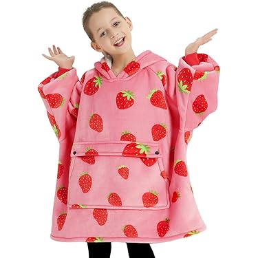 Red Mushrooms Kids Wearable Blanket Hoodie With Pockets - Oversized