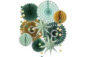 ADLKGG Sage Party Decorations, Green and Gold Hanging Paper Fans Circle Garland Paper Lanterns, Sage Green Themed Birthday Neutral Baby Shower Wedding Bridal Shower Graduation Party Supplies