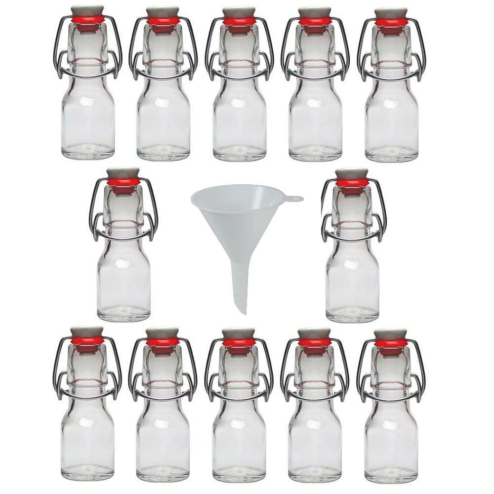 Viva Housewares, small glass bottles, 50 ml with self-inflating clasp including white funnel, Glass, White, 50ml