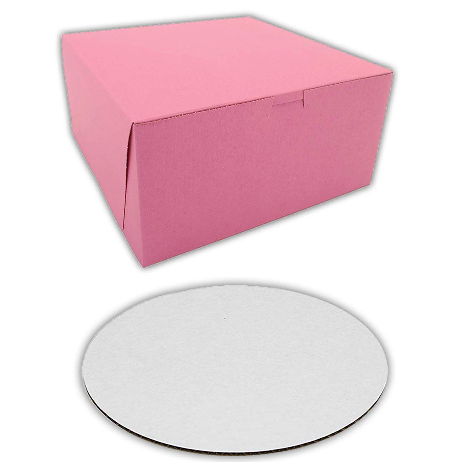 Cake Boxes 8 x 8 x 4 and Cake Boards 8 Inch, Bakery Box is Pink, Cake Board is Round, Cake