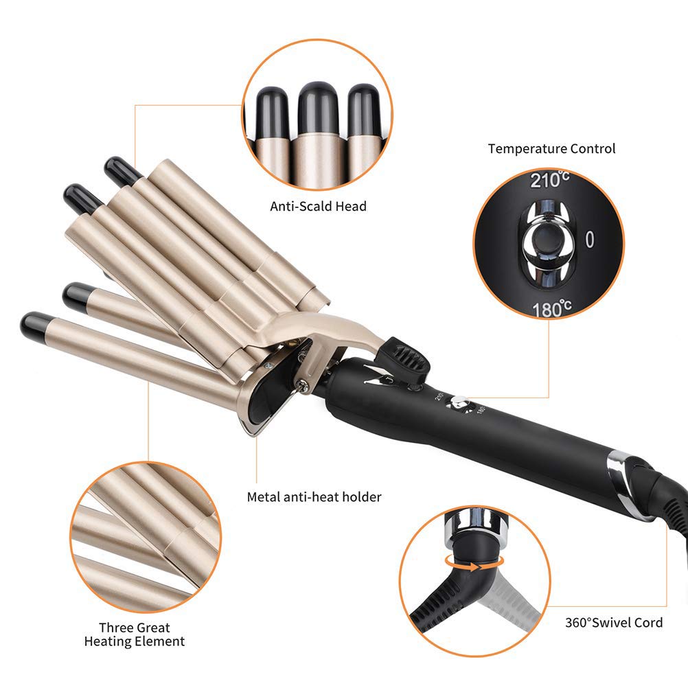 5 Barrel Curling Iron Wand Dual Voltage Hair Crimper - 13mm Ceramic Tourmaline 5 Barrels, Temperature Adjustable Portable Hair Waver Heats Up Quickly (Gold): Beauty