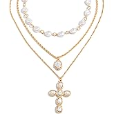 Layered Chunky Cross Necklace for Women Faux Pearl Toned Stackable Religious Jewelry Gift