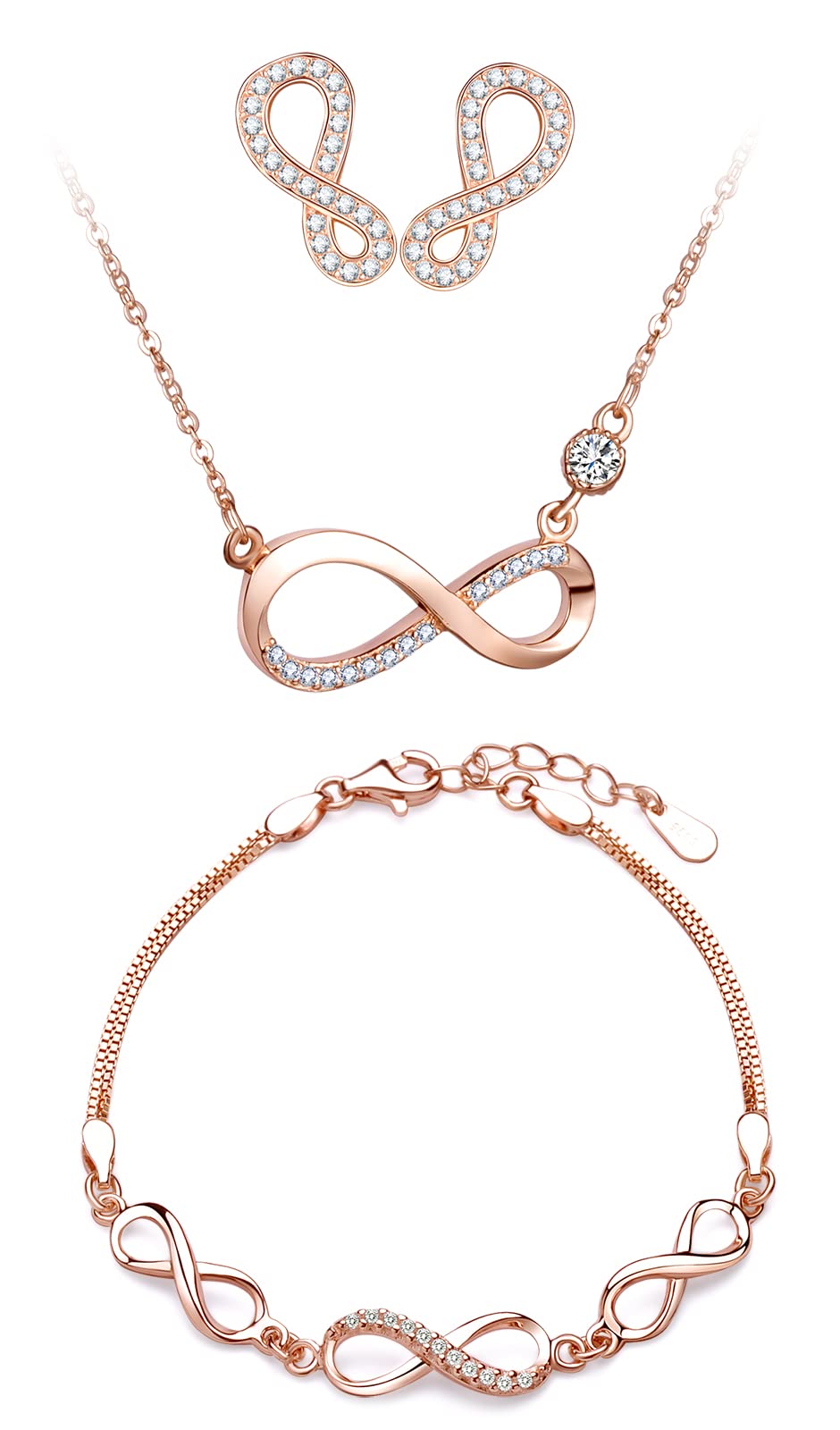 CPSLOVE Necklace Bracelet and Earrings for womens and girls, 925 Sterling Silver Jewellery Sets, Infinity Symbol Necklace Pendant Bracelet and Earrings Studs, Inlaid zircon, Rose gold