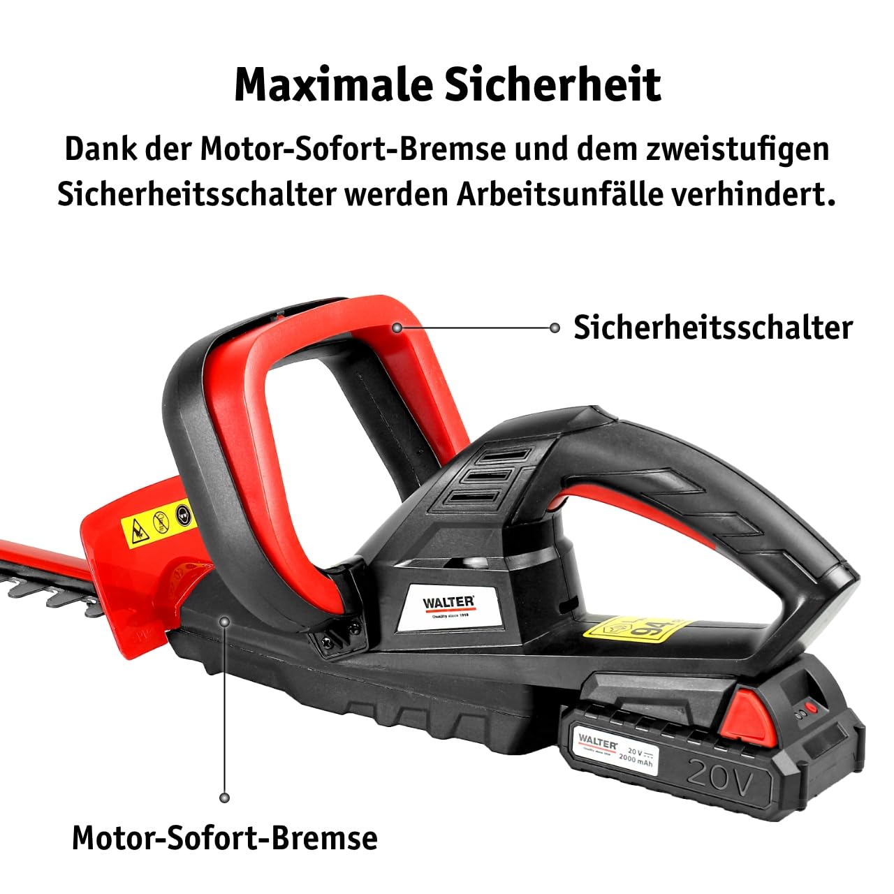 WALTER Li-Ion Akku-Heckenschere 20V, 45cm Schnittlänge, inkl. Zusatzhandgriff für Komfortables Arbeiten, schneidet präzise und ordentlich, scharfes Metall Messer, für längere Gartenarbeit geeignet 4