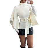 MakeMeChic Women's Winter Business Office Bell Sleeve Sweater Tie Front Crew Neck Rib Knitted Pullover Tops