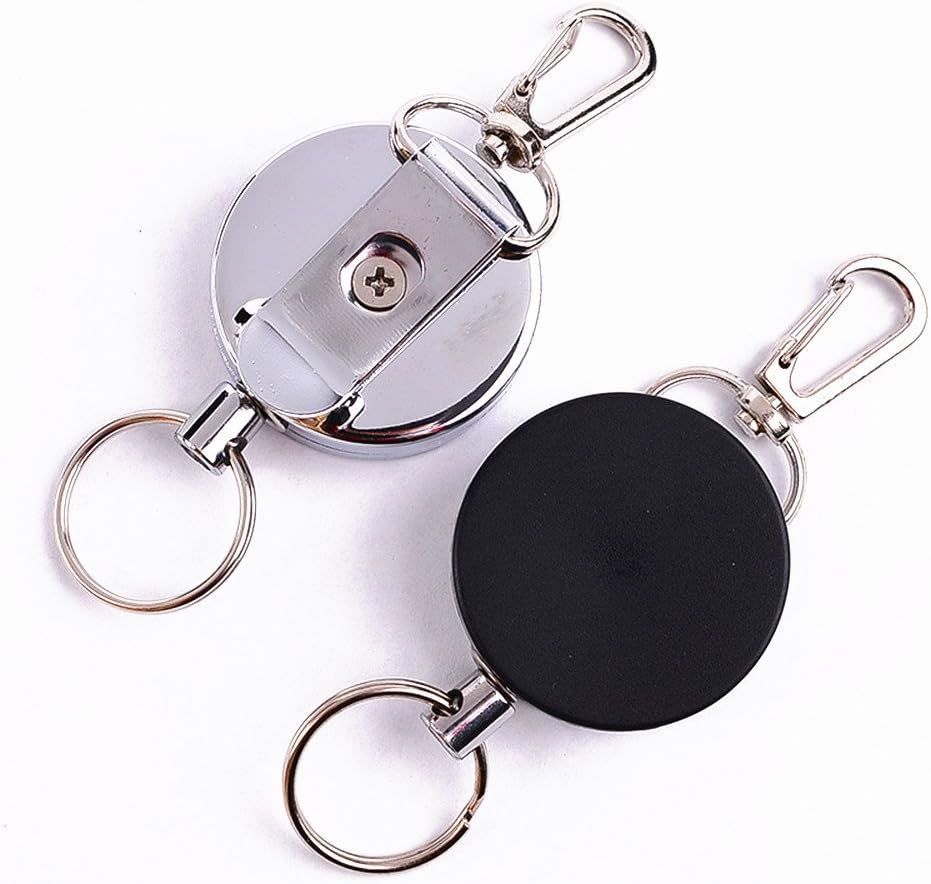 UNIQME Retractable Badge Reel Heavy Duty Key Reels Carabiner Key Ring Badge Holder Reel Clip for ID Card Key Keychain 2 Packs (Black and Sliver)