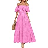 ZESICA Women's 2026 Summer Off Shoulder Ruffle Midi Dress Short Sleeve High Waist Hollow Out Embroidery Party Dresses