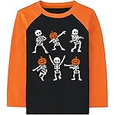 Boys Halloween Shirts for Kids Long Sleeve Dancing Skeleton Graphic Tees Raglan Sleeve Pumpkin T-Shirt 4-10 Years